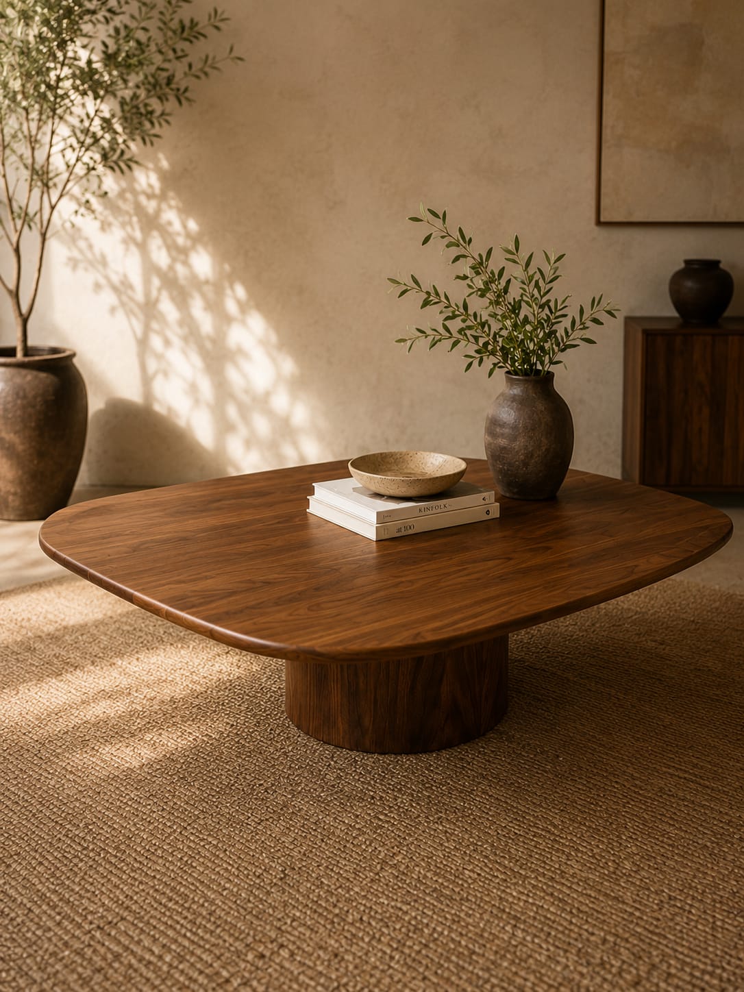 Luxury handcrafted solid Walnut coffee table with sculptural veneered pedestal base by Rooibaard Woodwork