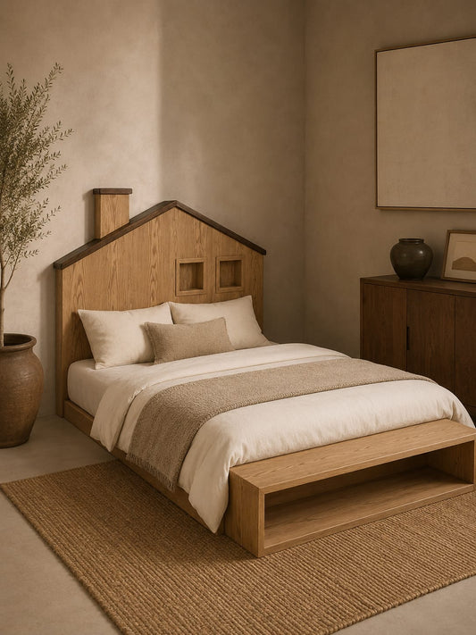 Handcrafted solid Ash wood farmhouse platform bed with integrated storage by Rooibaard Woodwork